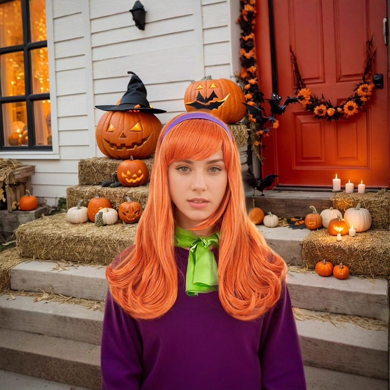 Cross-Border New Product Orange Long Curly Wig with Bangs Cosplay Daphne Wig Female Halloween