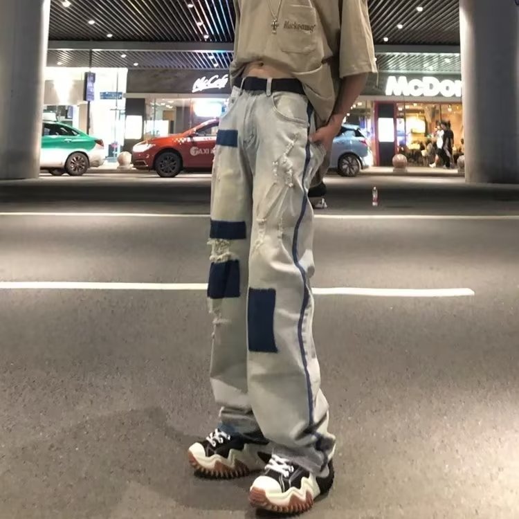 China-Chic Hip Hop High Street Used Wash Wide Leg Straight Tube Loose Herren Jeans Trendy oder Hose Hübscher Patch_voghion.com