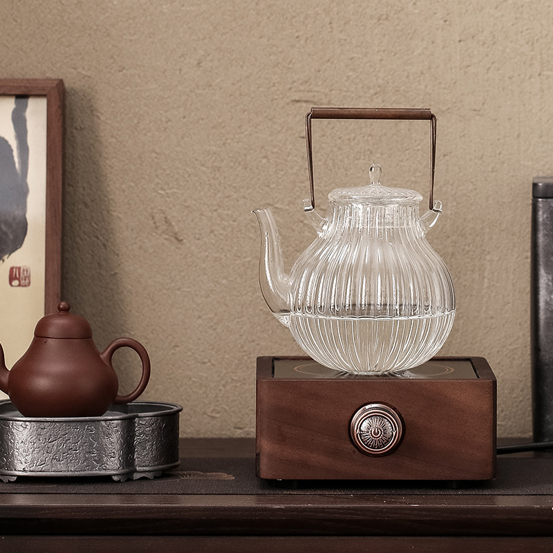 Estufa eléctrica de cerámica Nogal con tetera de vidrio, hervidor de té, cocina pequeña y elegante