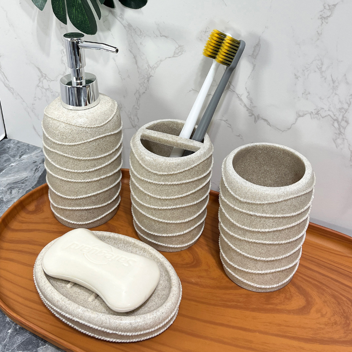 Baño nórdico conjunto de lavado doméstico de resina de piedra arenisca cuatro piezas conjunto de piedra arenisca imitación de hotel decoración de baño taza