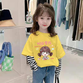 纯棉女童假两件休闲圆领儿童拼接长袖T恤别致上衣春秋季打底衫潮