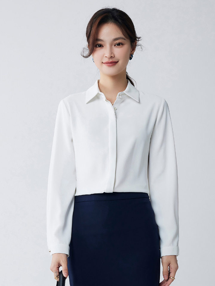 Áo sơ mi voan dài tay nữ cổ vuông, thiết kế chống lộ, phom rủ mềm mại — Trắng-dài tay-nữ