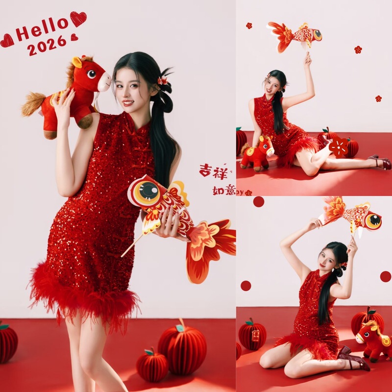 2026 New Year Red Year of the Horse Pregnant Women Dress Improved New Chinese Style Pregnant Mom Photography Big Belly Art Photo