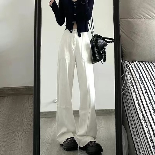 Women's Autumn New Design White Wide-Leg Straight-Jegging Jeans with High Waist Slimming Loose Drape Straight Pants