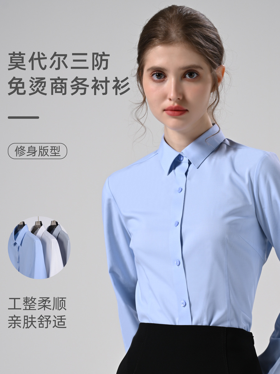 Modal de tres pruebas camisa de ropa de trabajo blanca de las mujeres de negocios sin planchar de manga larga de fácil cuidado camisa de cuello blanco mono de las mujeres image 4
