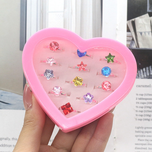 New children's ring 12 love boxed rhinestone hand ornaments girl toy ring foreign trade supply rhinestone meson