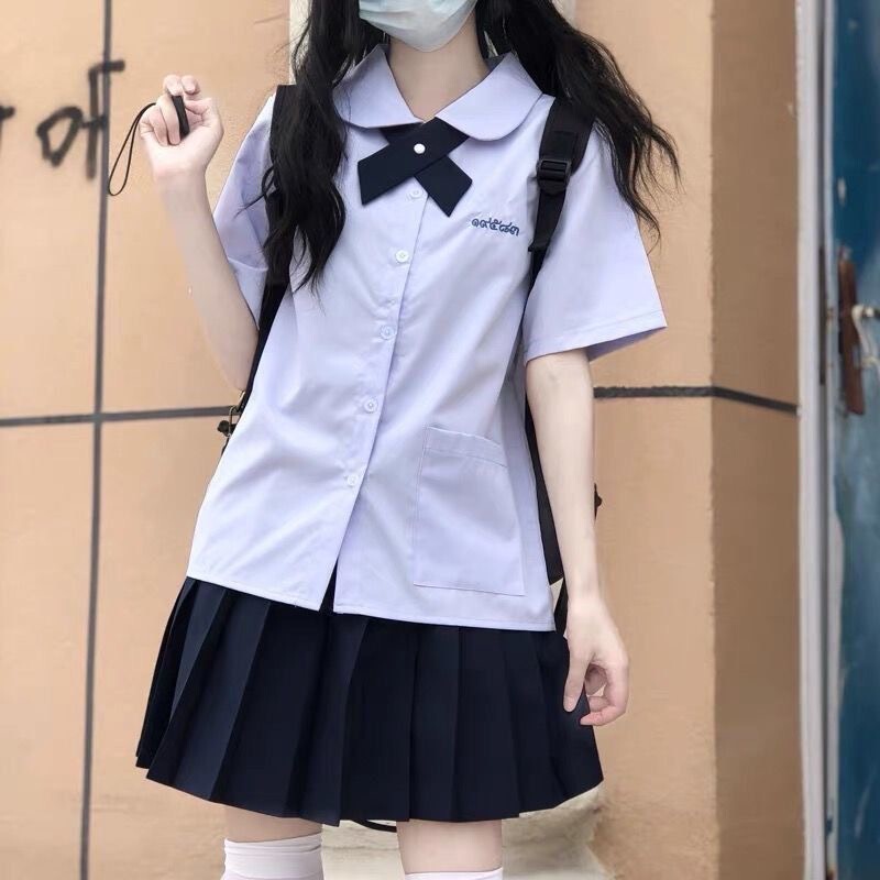 Thai School Uniform College Style Lilac Short-sleeved Student Class Dress Jk Shirt Women's Doll Collar Top Pleated Skirt Set