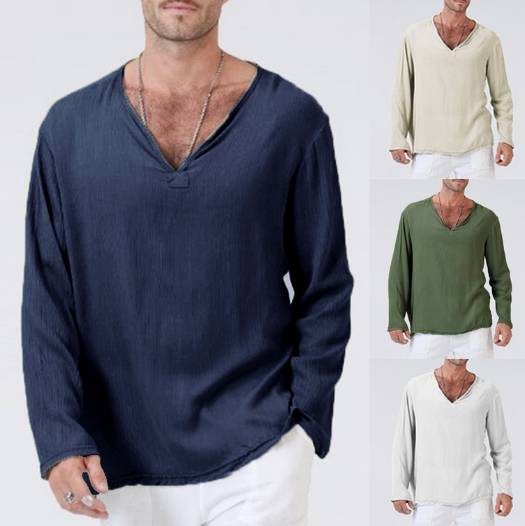 Cross-border foreign trade spring new men's cotton and linen solid color V-neck casual retro loose plus size long sleeve t-shirt shirt