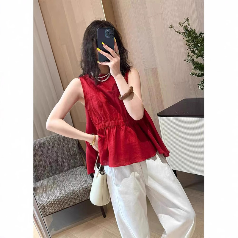 Linen Pleated Ruffled Red Shirt 2025 New Women's Sleeveless Top Linen Pleated Ruffled Red Shirt 2025 New Women's Sleeveless Top