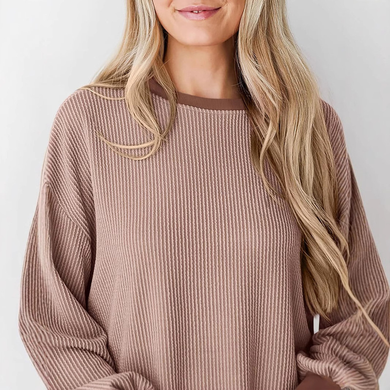 Amazon 2026 New Textured Ribbed Loose Long-Sleeve T-Shirt Top European and American Autumn and Winter Fashion Casual Sweatshirt Amazon 2026 New Textured Ribbed Loose Long-Sleeve T-Shirt Top European and American Autumn and Winter Fashion Casual Sweatshirt
