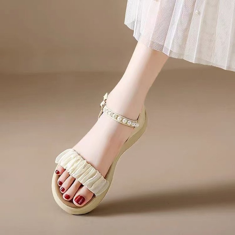 Sandalias de mujer verano 2026 nuevo estilo de moda con faldas de encaje de perlas muffins zapatos de playa