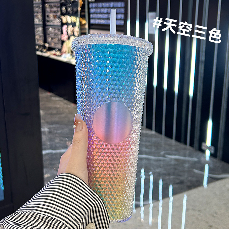 Fábrica de Ventas Directas transfronterizas de moda creativa de alta apariencia de gran capacidad de doble capa de plástico gradiente Internet celebridad Durian taza de paja