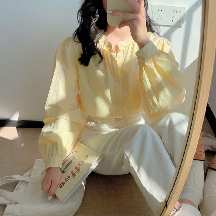 哥家商场同款女装2025秋季奶黄色圆领衬衣女法式别致独特小众衬衫|undefined