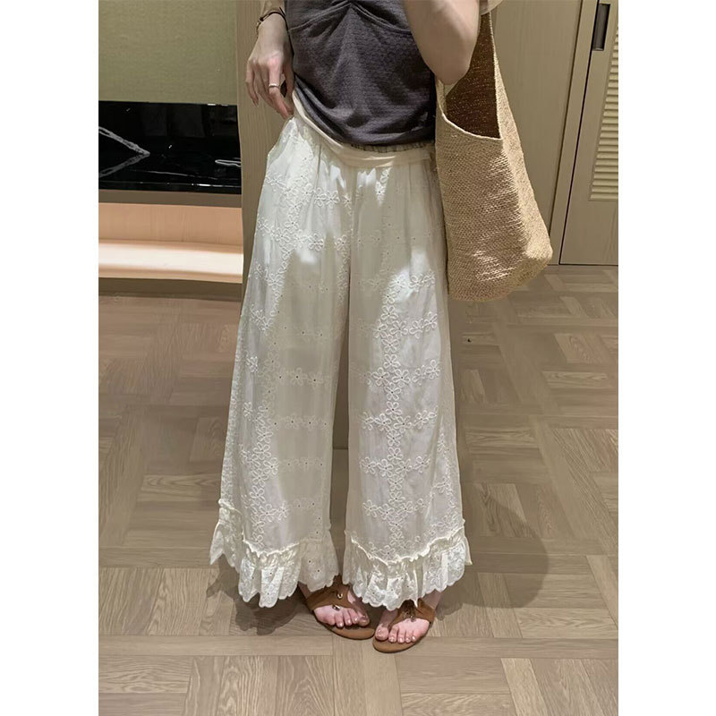 Super Slimming~ Good News for Petite Figures: Beige Heavy Lace Embroidery Ruffled Edge Slimming Workwear Wide-Leg Pants
