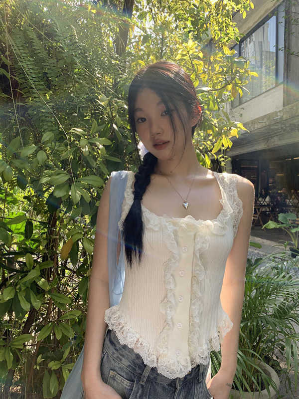2025夏季别致蕾丝设计吊带背心女纯色修身无袖内搭纯欲甜辣上衣潮|undefined
