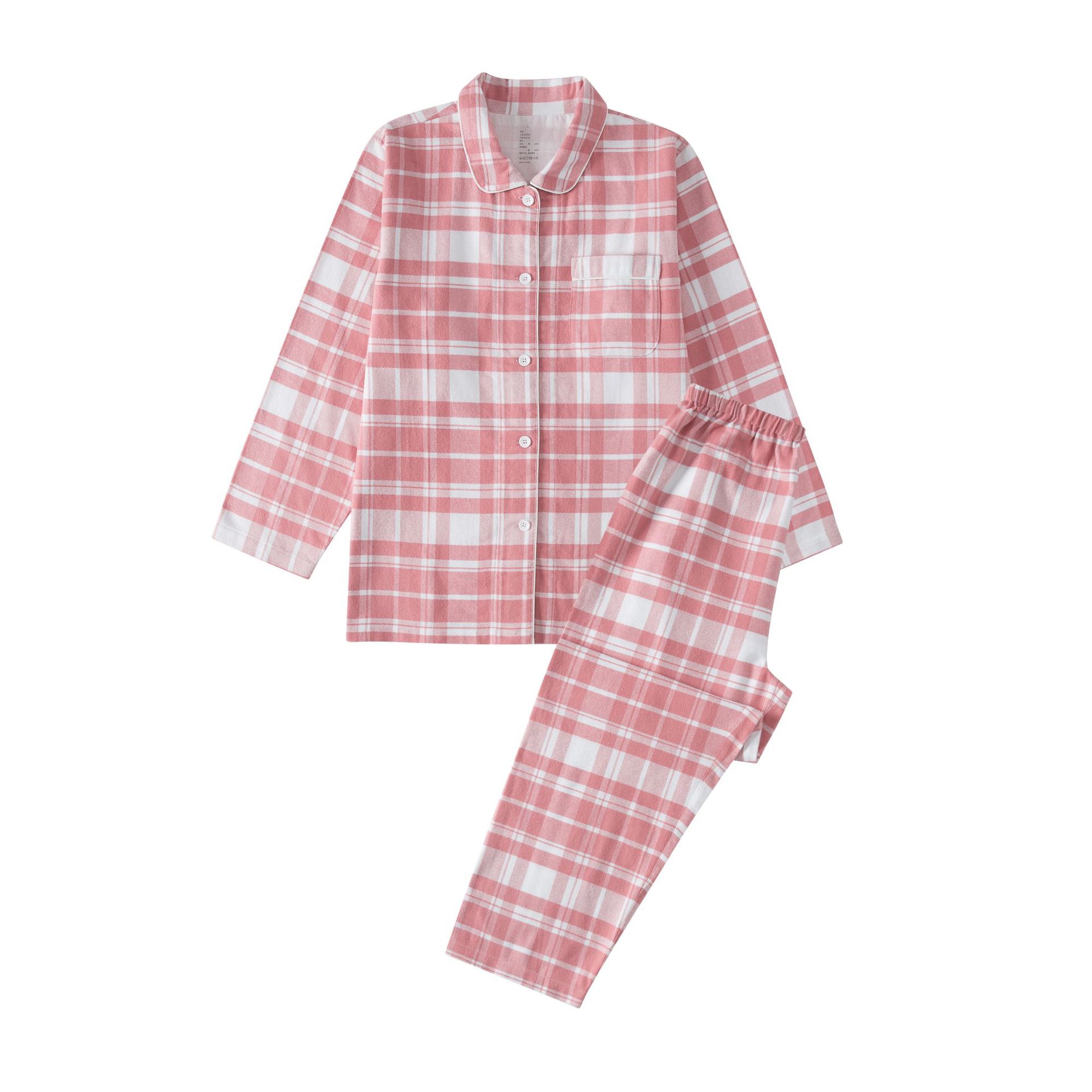 無印フランネルの家庭服の長いタイプの日本風の綿のカップルのパジャマの女性の純綿のスーツの長袖のパジャマ