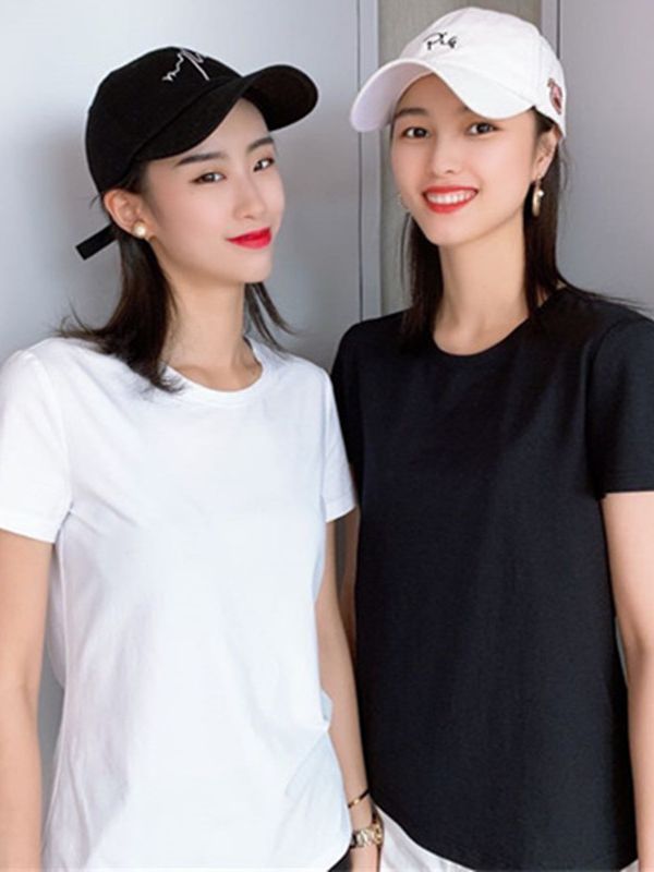 Áo thun nữ ngắn tay cổ chữ V cơ bản dễ phối tôn dáng kiểu mới mùa xuân hè — Trắng (Cổ tròn)