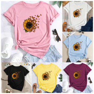 Sunflower Butterfly Print Crew Neck T Shirt Casual