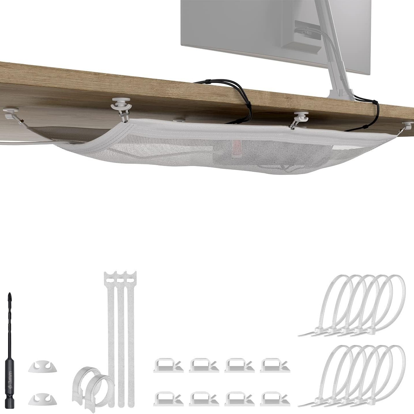 Conjunto de fondo de escritorio organizador de línea bolsa Gestor de cable bajo escritorio Red de bolsillo organizador de almacenamiento de alambre Winder