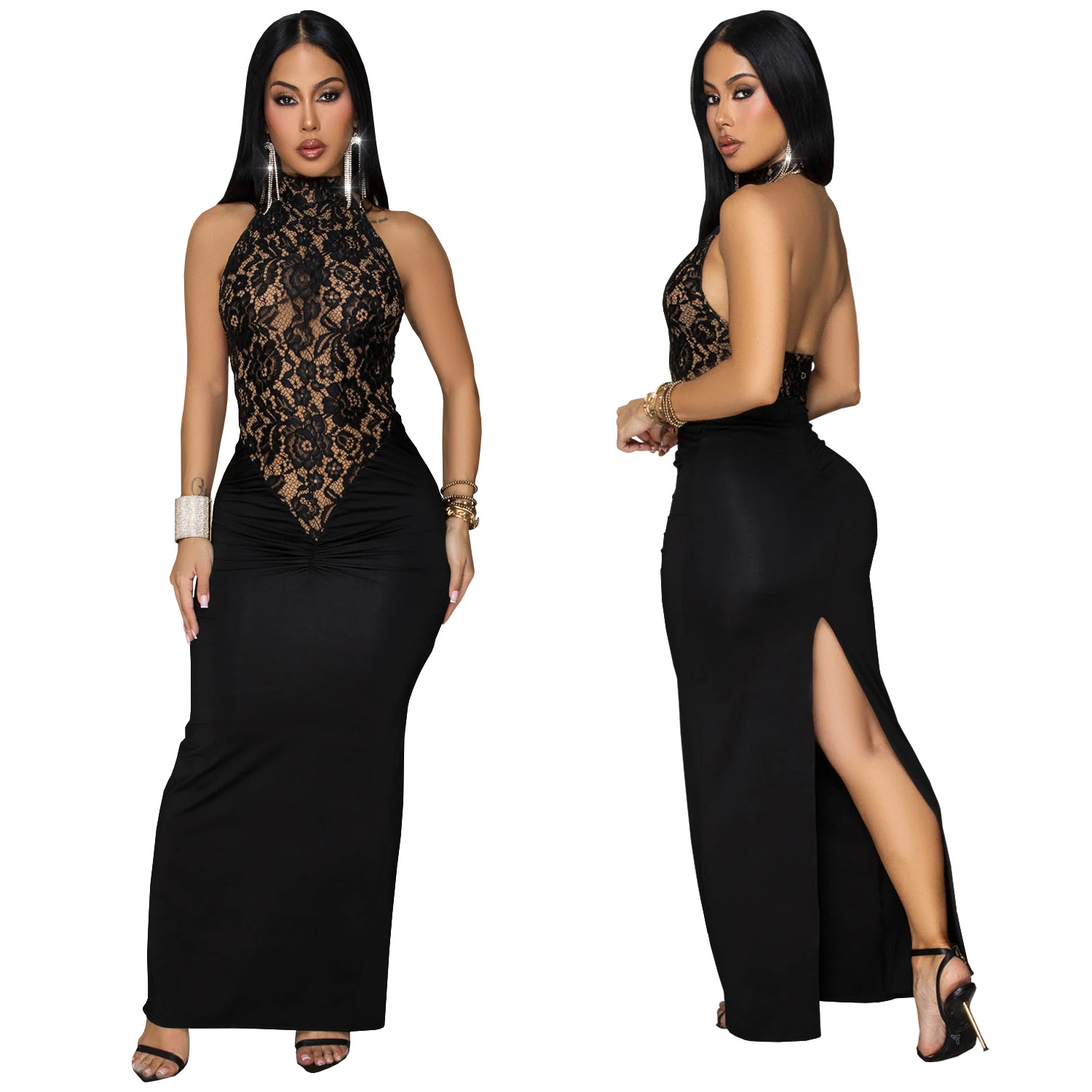C7488 Aliexpress transfronterizo Amazon Europa y América moda de mujer sexy cuello de encaje sin mangas vestido bifurcado