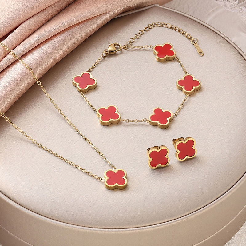Women's 18K Gold Stainless Steel Four-Leaf Clover Jewelry Set Black Mother-Of-Pearl Necklace Bracelet Earrings Manufacturer Wholesale