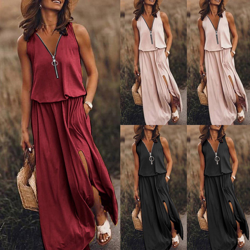 2023 European and American summer sleeveless dress fashion casual women's waist zipper printed dress wholesale