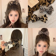 秋の定番ヒョウ柄リボンヘアピン、女性用高級後頭部ヘッドギア、気質ハーフタイヘアスプリングトップクリップ