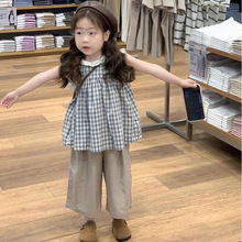 女童夏季背心套装2025新款森系女宝宝韩版格子娃娃衫直筒裤两件套