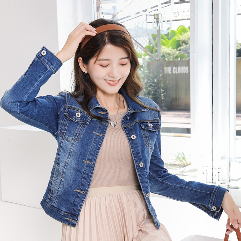 2022 Spring and Autumn New All-match Short Solid Color Long-sleeved Short Jacket Slim-fit Hooded Denim Jacket Student Top
