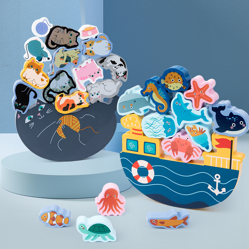 Children's animal balance Jenga Desktop interactive game building blocks stacking balance boat early education educational wooden toys