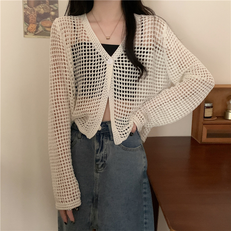 2025 Summer New Design Sense Hollow Long Sleeve Pure Desire Knitted Cardigan Sun Protection Clothing Shawl Coat Beach Blouse