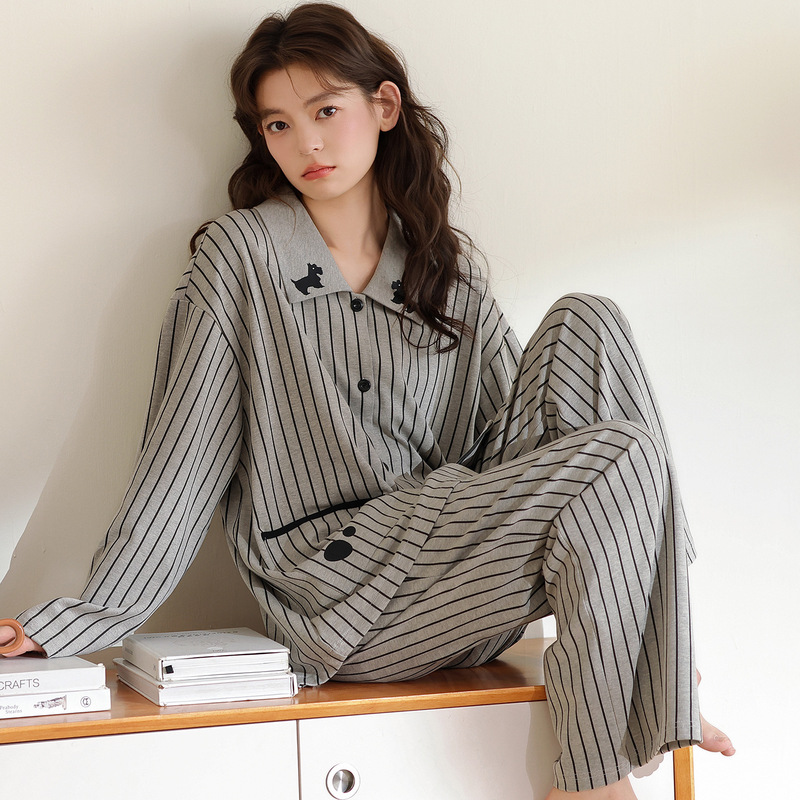100% Cotton Long-Sleeved Cardigan Lapel Pajamas for Women, Sweet New Fashion, High-End Home Clothes, Can Be Worn Outside, Two-Piece Set