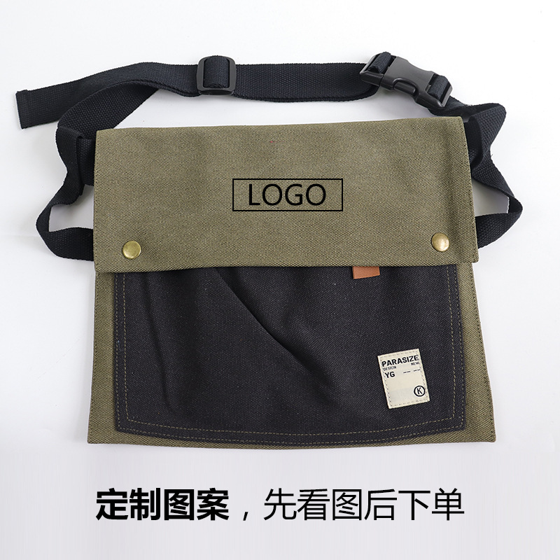 Nuevo delantal de lona gruesa transfronteriza logotipo personalizado de moda coreana empalmado de gran capacidad de lona herramientas de cintura delantal