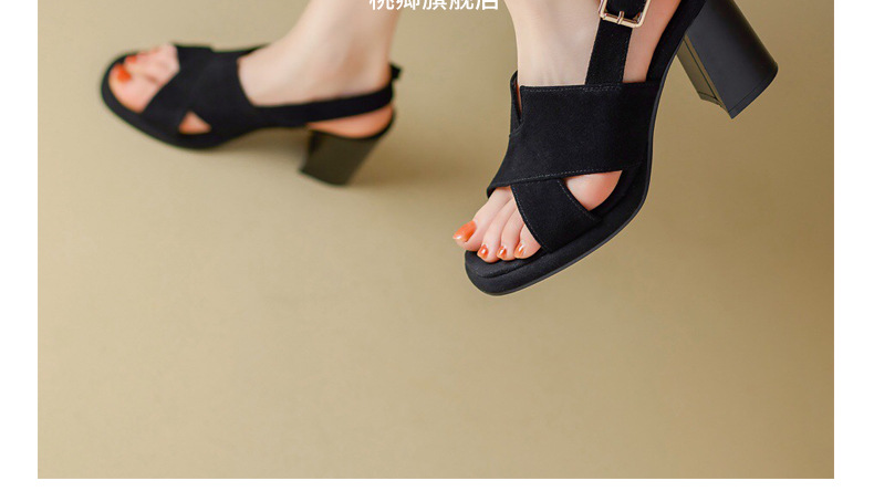 Sandal da thật đế xuồng La Mã nữ mũi hở gót cao — Màu đen chi tiết 2
