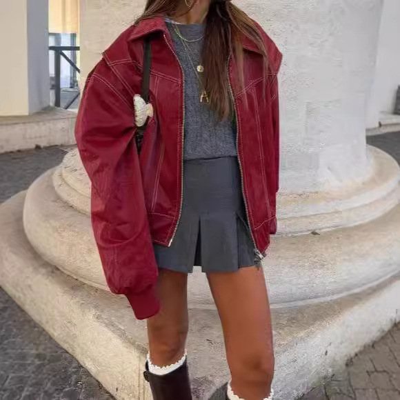 Cross-border in stock Amazon Autumn and Winter Women's Fashion Loose Lapel Long Sleeve Retro American Jacket Zipper Coat