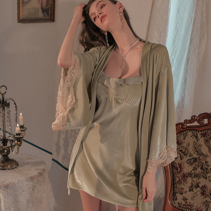 Women's gold velvet French court style sexy nightgown lace temptation loose morning gown private room photo gown