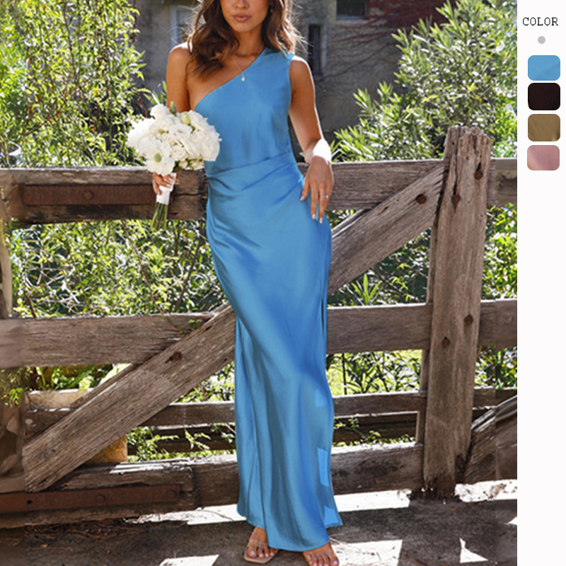 Xiyin Amazon 2025 All-Season Elegant Slim-Fit One-Shoulder Socialite-Style Slit Sexy Satin Dress Xiyin Amazon 2025 All-Season Elegant Slim-Fit One-Shoulder Socialite-Style Slit Sexy Satin Dress