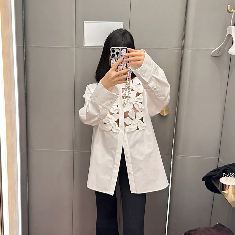Socialite Style Three-dimensional Flower Hollow Design Loose Long-sleeved Shirt French Style Western Style Slimming Chic Elegant Shirt Autumn