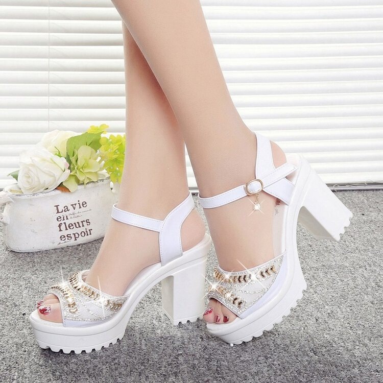 Sandals for Women 2026 Summer Korean Style Platform High Heels Thick Heels Waterproof Platform One-Strap Buckle Fish Mouth Sandals Rhinestone Women's Shoes