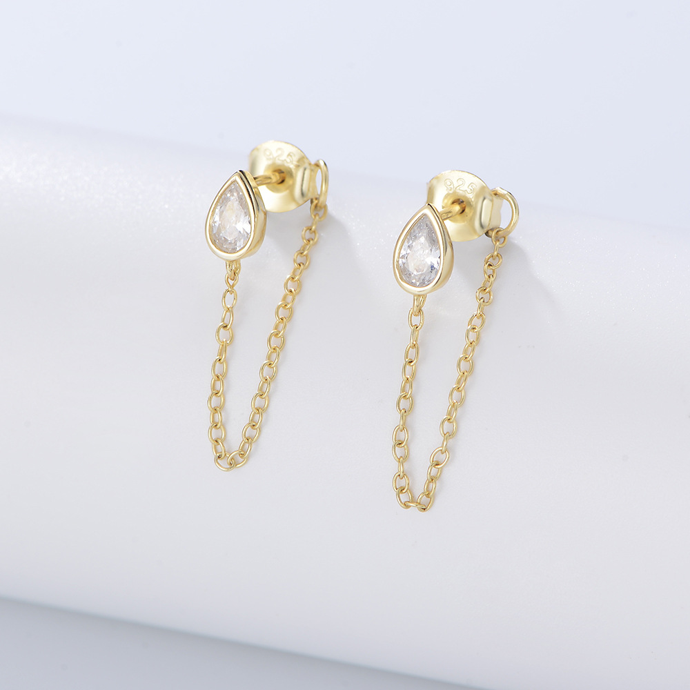 Pendientes de circón en forma de gota de plata esterlina s925 europeo y americano punk chica personalidad todo partido montado en la espalda todo partido pendientes de cadena