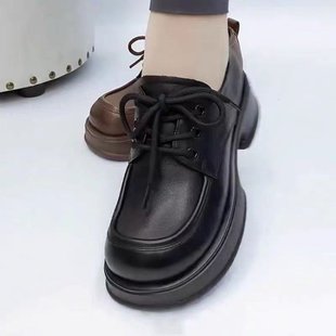 Women's Shoes 2025 Spring New Thick-Soled Height-Increasing Small Leather Shoes Women's Round-Toe Lace-Up Soft-Soled Loafers British Style Shoes
