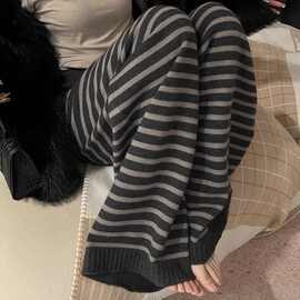 秋冬保暖毛线裤子宽松显瘦阔腿裤慵懒黑灰色条纹针织休闲裤女