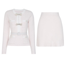 25185现货南油高端春秋新款钉珠腰带显瘦上衣针织衫+半身裙套装女