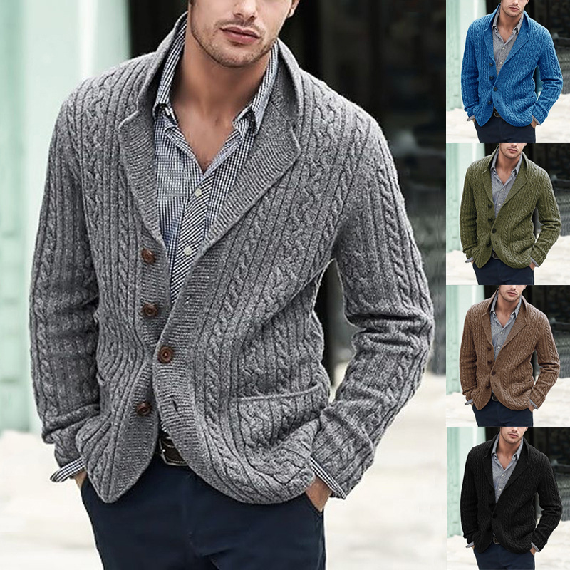 Cross-border European and American men's knitted cardigan autumn and winter fashion casual men's cardigan long sleeve lapel pocket twist men's clothing Cross-border European and American men's knitted cardigan autumn and winter fashion casual men's cardigan long sleeve lapel pocket twist men's clothing