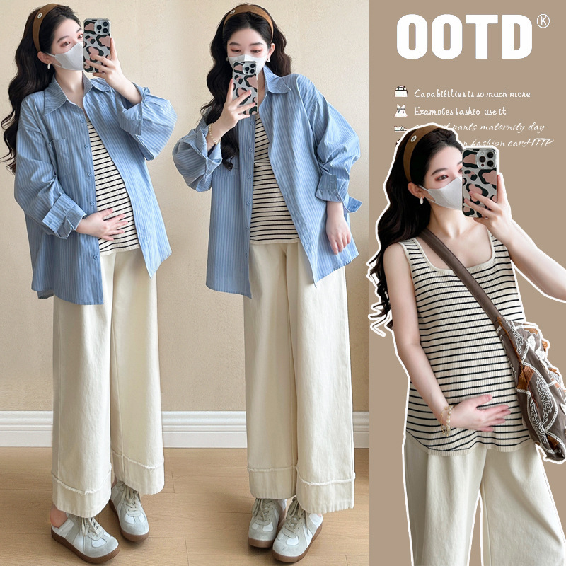 Maternity Summer suit Trendy Mom New Fashion Niche Striped Vest Top Long Sleeve Shirt Pants Three-piece Set