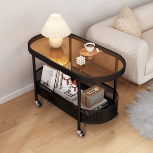 Cream Style Coffee Table Simple Sofa Small Apartment Oval Side Table Living Room Small Table Bedroom Glass Mobile Cart