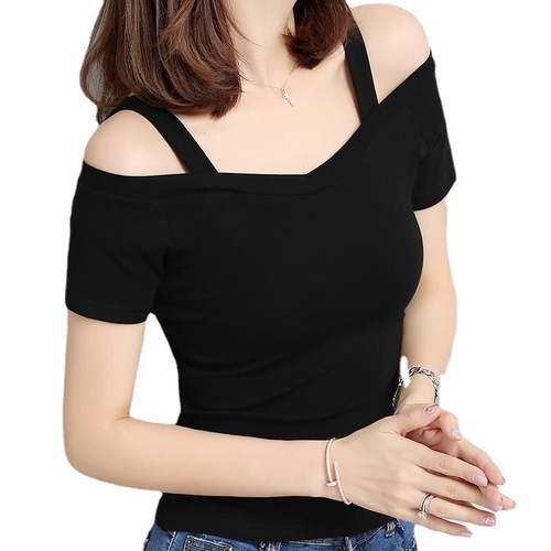 Summer 2025 New Korean Style Off-the-Shoulder Strappy Short-Sleeve T-Shirt for Women, One-Shoulder, Off-the-Shoulder, Sexy, Fitted Student Top