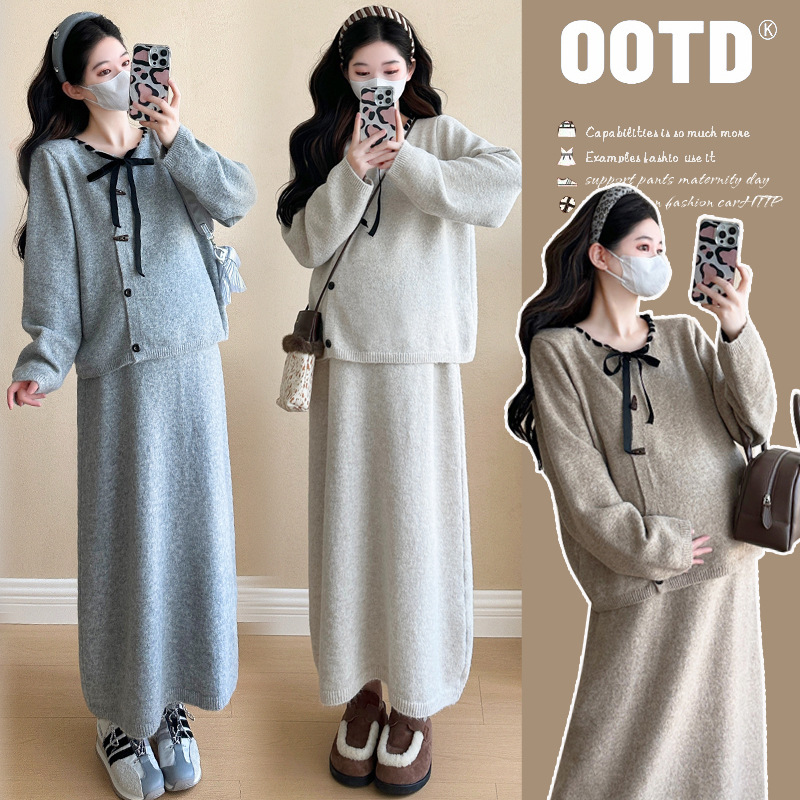 실사입고 임산부 가을 원피스 대형사이즈 패셔너블 맘 신상 가디건+스커트 투피스 세트