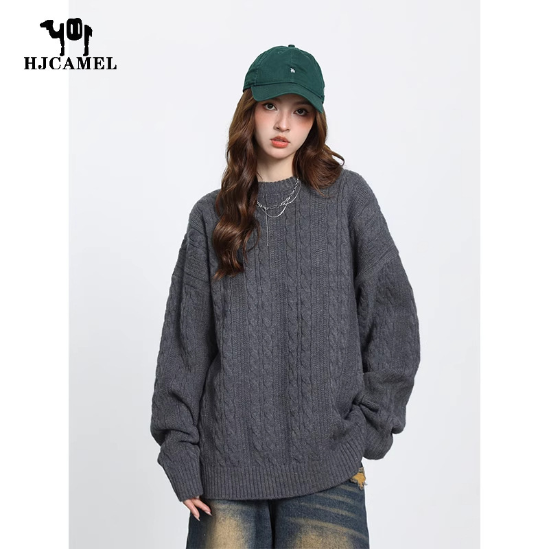 Camel HJCAMEL Twist Sweater for Men and Women Autumn and Winter Round Neck Loose Trendy Brand Hong Kong Style Trendy Casual Knitted Line Camel HJCAMEL Twist Sweater for Men and Women Autumn and Winter Round Neck Loose Trendy Brand Hong Kong Style Trendy Casual Knitted Line