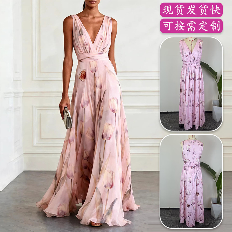 2026 European and American cross-border women's clothing: elegant and sophisticated printed long dress with a French-style fitted waist, perfect for banquets and parties